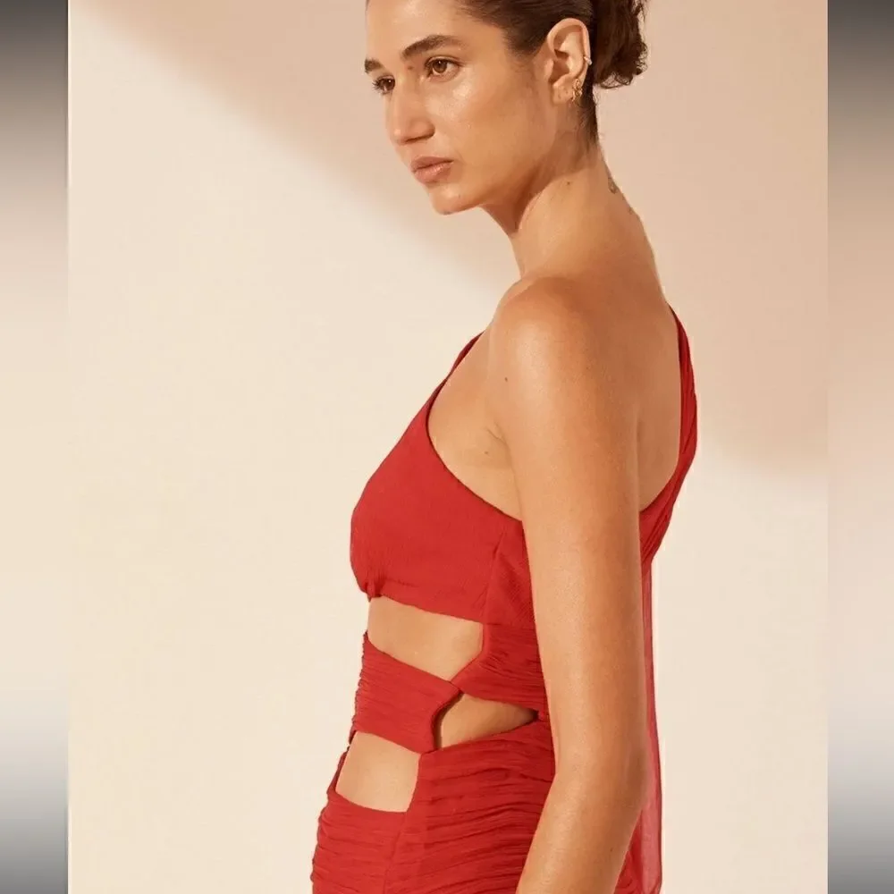 Free People Shona Joy Margot One Shoulder Cut Out Mini Dress - Sailor Red Size 8